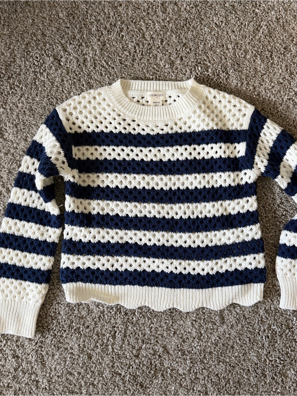Crewcuts Navy and Cream Striped Open-Knit Crewneck Sweater
